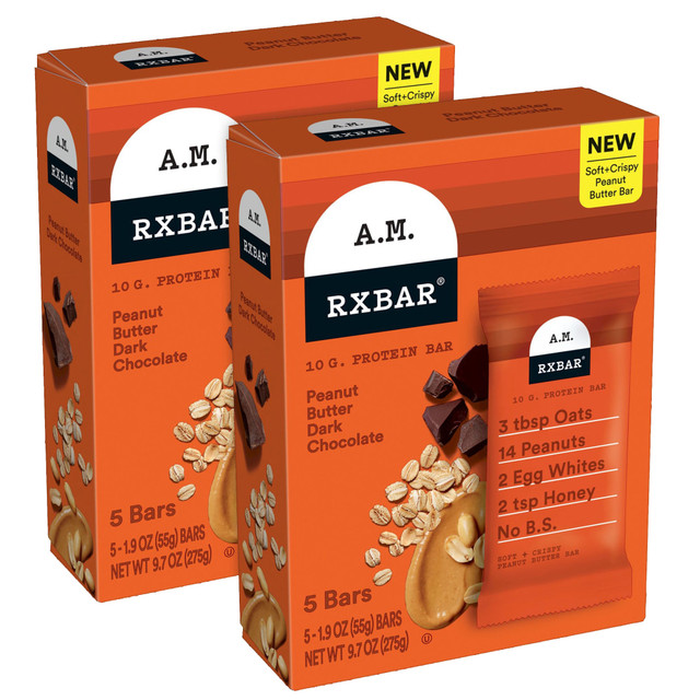SUNSET HILL FARM 008101289461 RXBAR A.M. Peanut Butter Dark Chocolate Protein Bars, 1.9 Oz, 5 Bars Per Box, Pack Of 2 Boxes