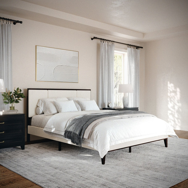 FLASH FURNITURE MG0900271FQDKBN Martha Stewart Jett Solid Wood Platform Bed with Upholstered Base and Inset Paneled Headboard, Wood Slat Bottom, No Box Spring Needed, Beige Fabric/Dark Brown Frame, Queen