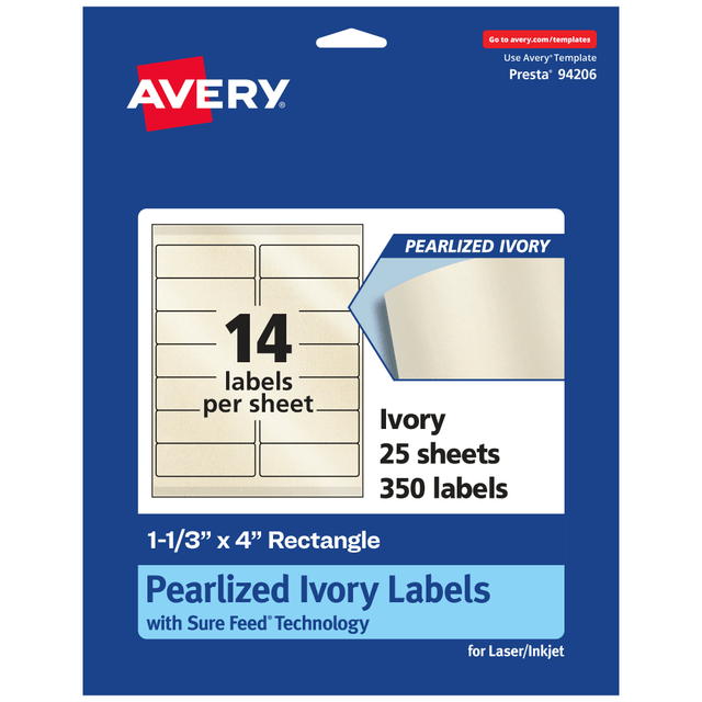 AVERY PRODUCTS CORPORATION 94206-PIP25 Avery Pearlized Permanent Labels With Sure Feed, 94206-PIP25, Rectangle, 1-1/3in x 4in, Ivory, Pack Of 350 Labels AVERY PRODUCTS CORPORATION 94206-PIP25 Avery Pearlized Permanent Labels With Sure Feed, 94206-PIP25, Rectangle, 1-1/3in x 4in, Ivory, Pack Of 350 Labels