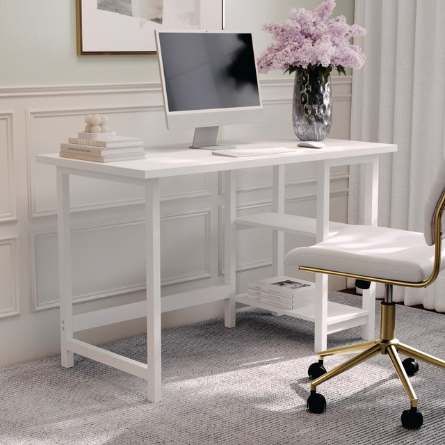 FLASH FURNITURE BLNFYHY1071WH Martha Stewart Beckett 47.5inW Home Office Trestle Computer Desk With Shelves, White Wood Grain FLASH FURNITURE BLNFYHY1071WH Martha Stewart Beckett 47.5inW Home Office Trestle Computer Desk With Shelves, White Wood Grain