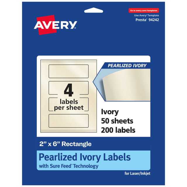 AVERY PRODUCTS CORPORATION 94242-PIP50 Avery Pearlized Permanent Labels With Sure Feed, 94242-PIP50, Rectangle, 2in x 6in, Ivory, Pack Of 200 Labels AVERY PRODUCTS CORPORATION 94242-PIP50 Avery Pearlized Permanent Labels With Sure Feed, 94242-PIP50, Rectangle, 2in x 6in, Ivory, Pack Of 200 Labels