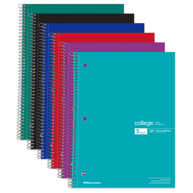 OFFICE DEPOT CJV202307 Wirebound Notebooks, 8-1/2in x 11in, 3 Subjects, College Ruled, 120 Sheets, Assorted Colors, Pack Of 6 Notebooks OFFICE DEPOT CJV202307 Wirebound Notebooks, 8-1/2in x 11in, 3 Subjects, College Ruled, 120 Sheets, Assorted Colors, Pack Of 6 Notebooks