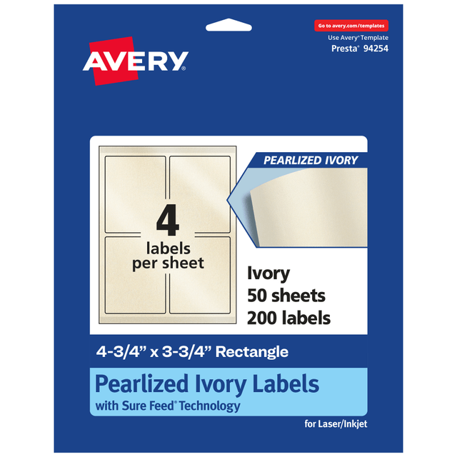 AVERY PRODUCTS CORPORATION 94254-PIP50 Avery Pearlized Permanent Labels With Sure Feed, 94254-PIP50, Rectangle, 4-3/4in x 3-3/4in, Ivory, Pack Of 200 Labels AVERY PRODUCTS CORPORATION 94254-PIP50 Avery Pearlized Permanent Labels With Sure Feed, 94254-PIP50, Rectangle, 4-3/4in x 3-3/4in, Ivory, Pack Of 200 Labels