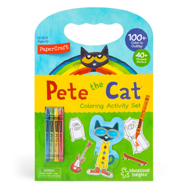 Craft your very own Pete the Cat with the Educational Insights Papercraft Pete The Cat Coloring Activity Set. This set contains a variety of customizable outfits and accessories to help promote creativity and imagination.  Peel-and-stick design offers ease of use.  Includes 4 crayons, 100+ outfits and 40+ accessories.