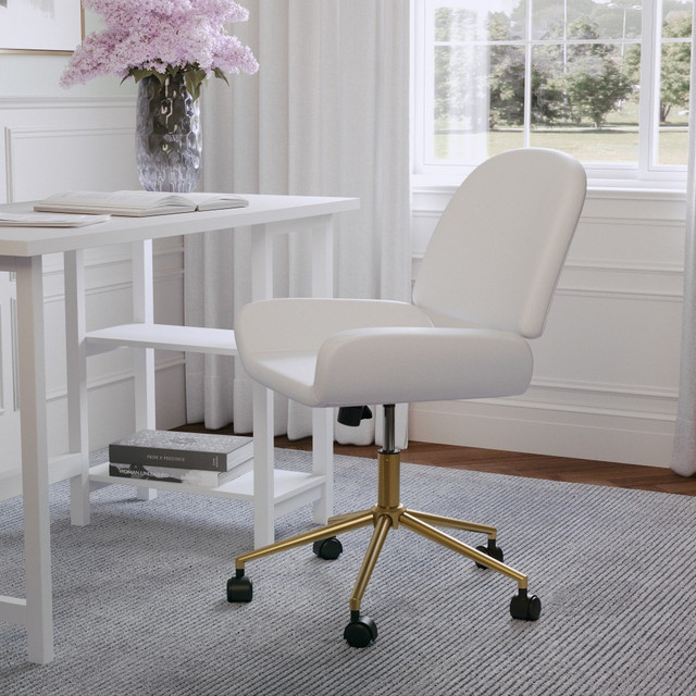 FLASH FURNITURE CH2209215WHGLD Martha Stewart Tyla Faux Leather Upholstered Mid-Back Executive Office Chair, White/Polished Brass FLASH FURNITURE CH2209215WHGLD Martha Stewart Tyla Faux Leather Upholstered Mid-Back Executive Office Chair, White/Polished Brass