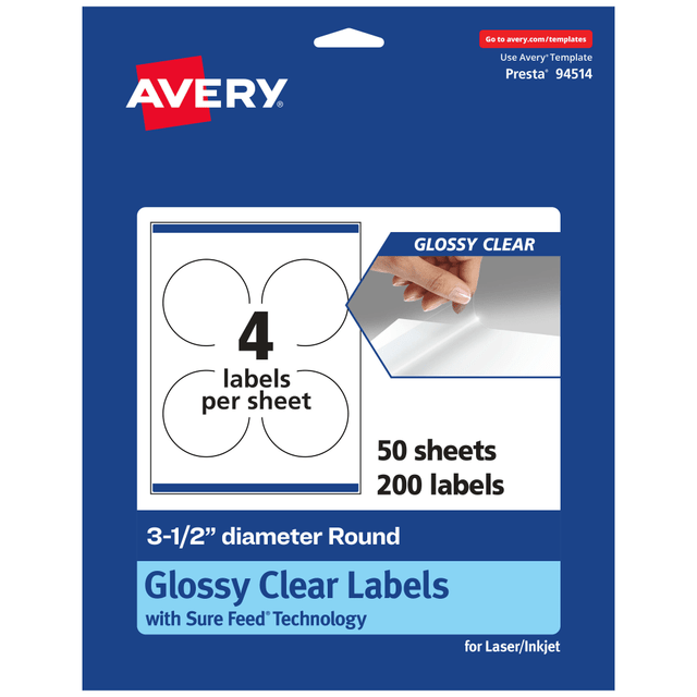 AVERY PRODUCTS CORPORATION 94514-CGF50 Avery Glossy Permanent Labels With Sure Feed, 94514-CGF50, Round, 3-1/2in Diameter, Clear, Pack Of 200 AVERY PRODUCTS CORPORATION 94514-CGF50 Avery Glossy Permanent Labels With Sure Feed, 94514-CGF50, Round, 3-1/2in Diameter, Clear, Pack Of 200