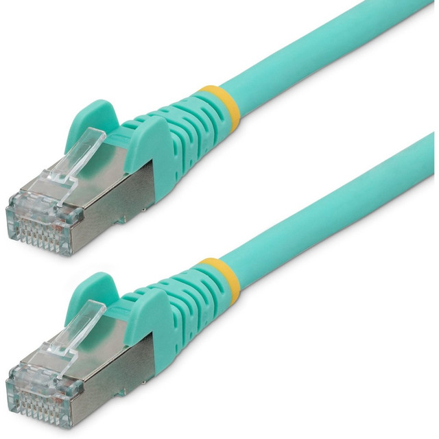 SPECS: Category 6A Network Cable - 25ft - Aqua - 10Gbps - 500 MHz - 4 Pair S/FTP - Snagless RJ-45 with Strain Reliefs - EVA, Al(OH)3 - LSZH - 27 AWG - 100% Copper - ETL Verified - ANSI/TIA-568.2-D - Supports Cat6 and earlier standards  SHIELDED CAT6A CABLE: Improved signal integrity and protection against noise & electromagnetic (EMI/RFI) interference - Individual twisted pairs wrapped in foil - Outer covering w/ braided shield - Shielded RJ45 connectors with gold-plated pins  100W POWER OVER ETHERNET: 100% stranded copper wire delivers error-free data and stable PoE power, unlike lower quality copper-clad aluminum versions of other brands - Supports PoE devices up to 100W PoE++ - Complies with IEEE 802.3bt (Type 4 and lower)  DURABLE LSZH JACKET: PVC Free, Low Smoke Zero Halogen (LSZH) cable jacket produces less dense and corrosive smoke than PVC - Braided construction resists damage from bending  CAT6A ETHERNET CABLE: High-performance Ethernet Cable for error-free 1/2.5/5/10Gbps multi-gigabit/multi-speed connections - Low Near-End Crosstalk (NEXT) and Return Loss (RL) - Tested to meet ANSI/TIA-568.2-D standards - Fluke Tested and ETL Verified