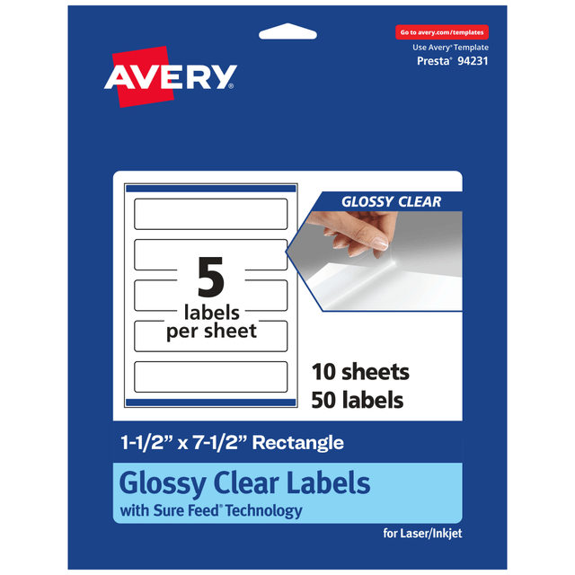 AVERY PRODUCTS CORPORATION 94231-CGF10 Avery Glossy Permanent Labels With Sure Feed, 94231-CGF10, Rectangle, 1-1/2in x 7-1/2in, Clear, Pack Of 50 AVERY PRODUCTS CORPORATION 94231-CGF10 Avery Glossy Permanent Labels With Sure Feed, 94231-CGF10, Rectangle, 1-1/2in x 7-1/2in, Clear, Pack Of 50
