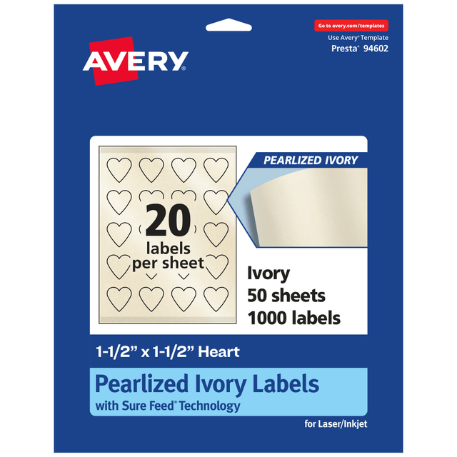 AVERY PRODUCTS CORPORATION 94602-PIP50 Avery Pearlized Permanent Labels With Sure Feed, 94602-PIP50, Heart, 1-1/2in x 1-1/2in, Ivory, Pack Of 1,000 Labels AVERY PRODUCTS CORPORATION 94602-PIP50 Avery Pearlized Permanent Labels With Sure Feed, 94602-PIP50, Heart, 1-1/2in x 1-1/2in, Ivory, Pack Of 1,000 Labels