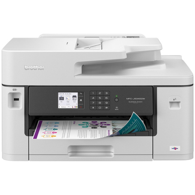 The Brother MFC-J5340DW Color Inkjet All-in-One Printer delivers economical, reliable, professional-quality printing for any small office or home workspace. Whether you're printing personal documents, school reports or large presentations, you can count on quick printing with vibrant colors.  FEATURES ADVANCED BROTHER MAXIDRIVE INKJET TECHNOLOGY. Brother's next generation of inkjet printing technology. Completely re-engineered from chip to printhead, the MFC-J5340DW features our fastest Traditional Color Inkjet print speeds ever - up to 28 ppm(1) - with high quality print results. Our redesigned print head is built for durability and uniform printing, even with long-term use.  KEEP YOUR BUSINESS DOCUMENTS SECURE. Triple Layer Security features help securely connect to the device and network, safeguarding sensitive documents while printing.  VERSATILE AS YOU NEED WITH PRINTING UP TO 11inX17in (LEDGER) SIZE. Print up to 11inx17in (Ledger) size from the 250-sheet capacity paper tray(2) or use the single sheet bypass tray to print on envelopes, cardstock and specialty papers. Copy, scan, or fax up to 8.5inx11in (Letter) size with the 50-page capacity automatic document feeder(2).  INTUITIVE CLOUD CONNECTION. Print-from and scan-to popular cloud apps including Dropbox, Google Drive, Evernote, OneNote and more(4) directly from the intuitive 2.7in color touchscreen. Save time by creating custom shortcuts right on the touchscreen for your frequently used features.  CONNECT YOUR WAY. Use built-in dual band wireless (2.4GHz / 5GHz)(5) , Wi-Fi Direct, an Ethernet cable, or even connect to a single computer through a USB.  PRINT ON THE GO. Print, scan, copy, and manage your printer from almost anywhere when connected through a wireless network using the Brother Mobile Connect App(3).  ECO-FRIENDLY FEATURES. EPEAT Silver and ENERGY STAR certified with eco-friendly options like Eco Mode and Ink Save Mode. Plus, automatic duplex printing helps reduce paper use.  PRINT CONFIDENTLY WITH BROTHER GENUINE INK. Brother Genuine Ink is engineered to perform optimally with your Brother Color Inkjet printer, to ensure smooth and reliable printing with vivid colors and sharp images. So, you can print confidently every time!  AT YOUR SIDE SUPPORT. Backed by Brother with a 2-year limited warranty, plus free online or live chat support for the life of your Brother printer.  DISCLAIMERS: (1) Based on ISO/IEC 24734 (after first set of ISO test pages). For inkjet print speed methodology, please visit www.brother-usa.com/printspeed. (2) Maximum capacity based on using 20lb. paper. (3) Requires connection to a wireless network. Brother Mobile Connect free app download is not available in all countries. (4) Requires an Internet connection and an account with desired service. (5) Requires an Internet connection.