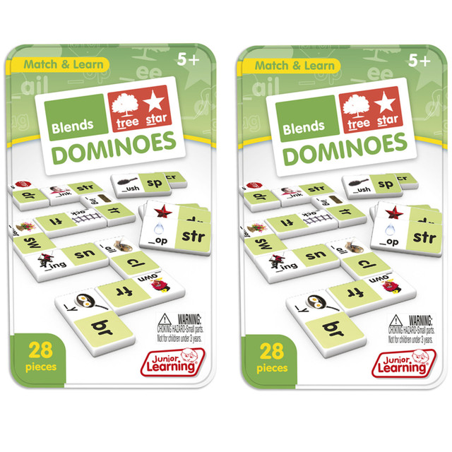 Children will enjoy learning using the Junior Learning Learning Blends Domino Sets. These sets include 28 thick plastic dominoes each to help teach blending and come in a collector's tin for easy storage.  Each set includes 28 thick plastic dominoes.  Dominoes help teach vocabulary blending.  Comes in a collector's tin for easy storage.