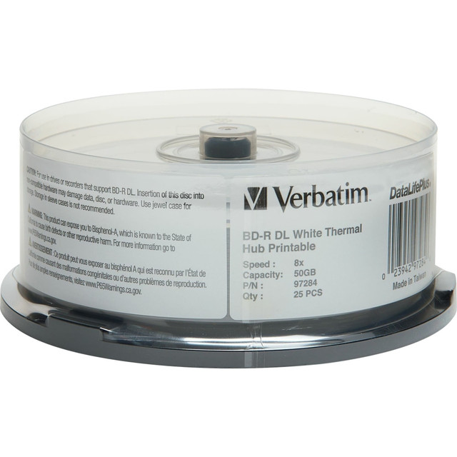 VERBATIM AMERICAS LLC 97284 Verbatim BD-R DL 50GB 8X, White Label, DataLife+, White Thermal Hub Printable, Hard Coat, 25PK Spindle - 25pk Spindle