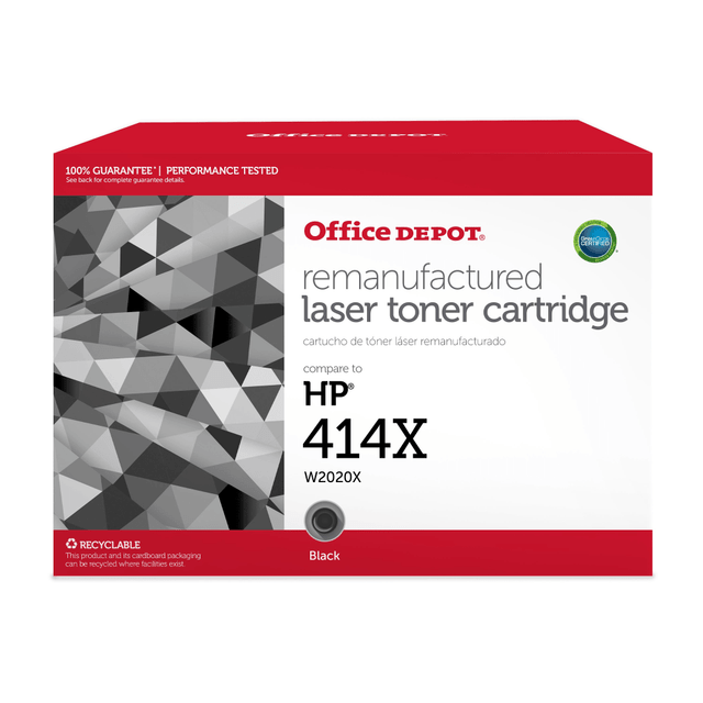 Compatible HP models: Color LaserJet:  Enterprise M455dn,  Enterprise MFP M480f.   Color LaserJet Pro:  M454dn,  M454dw,  MFP M479dw,  MFP M479fdn,  MFP M479fdw.  .  Office Depot premium remanufactured laser toner cartridges offer incredible quality and value while also helping you lower your carbon footprint by reusing an original printer cartridge. Backed by a 100% performance guarantee.  HP 414X (W2020X)  Yields up to 7,500 pages  Backed by a 100% performance guarantee  Effortless installation  Fully tested for quality, reliability and page yields  Remanufactured from an original equipment manufacturer (OEM) cartridge to protect our environment and natural resources  Helps Avoid Waste - Designed for extended use, helping reduce or eliminate material use and potentially save money.  Remanufactured - made from quality recovered cartridges, helping you save resources, reduce waste and potentially save money.  Recycling solution - designed to encourage recycling, helping you divert materials from landfill.  Contains Recycled Content - See Specs for Details.