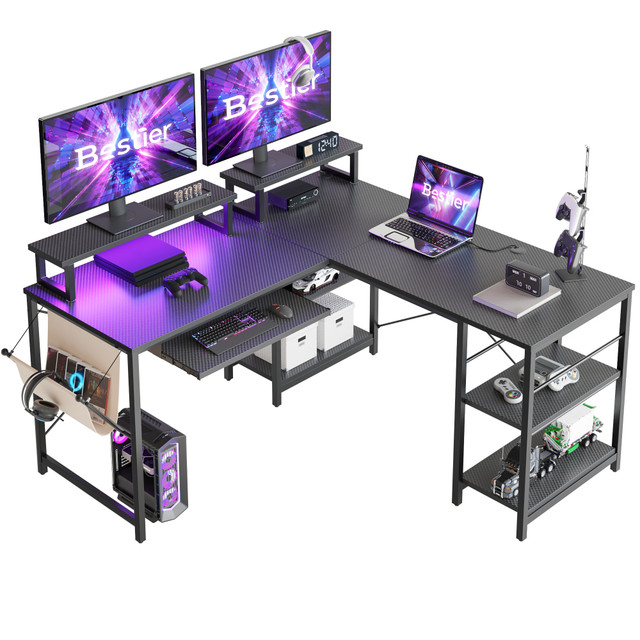 BESTIER D505R-GAMD  L-Shaped Corner Computer Desk With Storage Shelf, Monitor Stands, Side Pocket And Tray, 60inW, Black Carbon Fiber