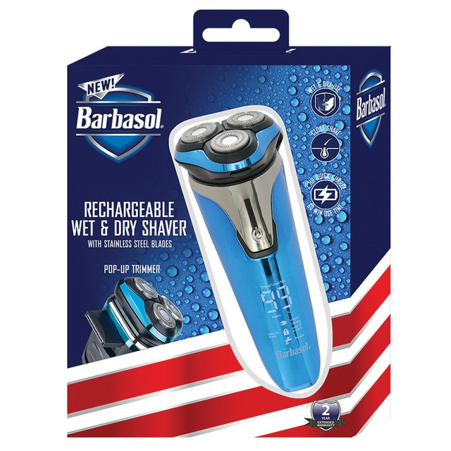 Achieve a clean shave with or without shaving cream or gel using a Barbasol Mens Rechargeable Wet/Dry LCD Lithium Rotary Shaver With Pop-Up Trimmer. Use the pop-up trimmer to style facial hair and sideburns for a clean look.  Shave wet or dry.  Made from plastic for durability.  Stainless steel blades contour to your face for a close shave.  Trim and style with the pop-up trimmer.  LCD screen shows battery percentage.  Fully charges in 2 hours for 60 minutes of shaving time.  Includes a Includes charging cord, cleaning brush and oil.