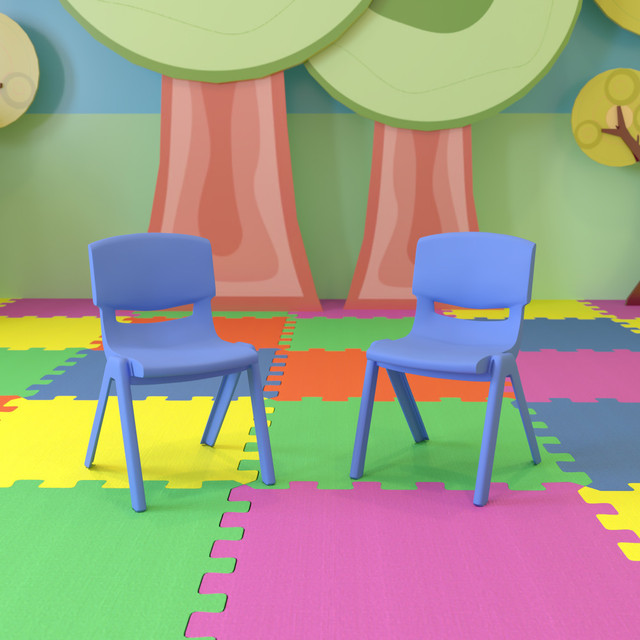 FLASH FURNITURE 2YUYCX002BLUE  Plastic Stackable School Chairs With 12in Seat Height, Blue, Set Of 2 Chairs