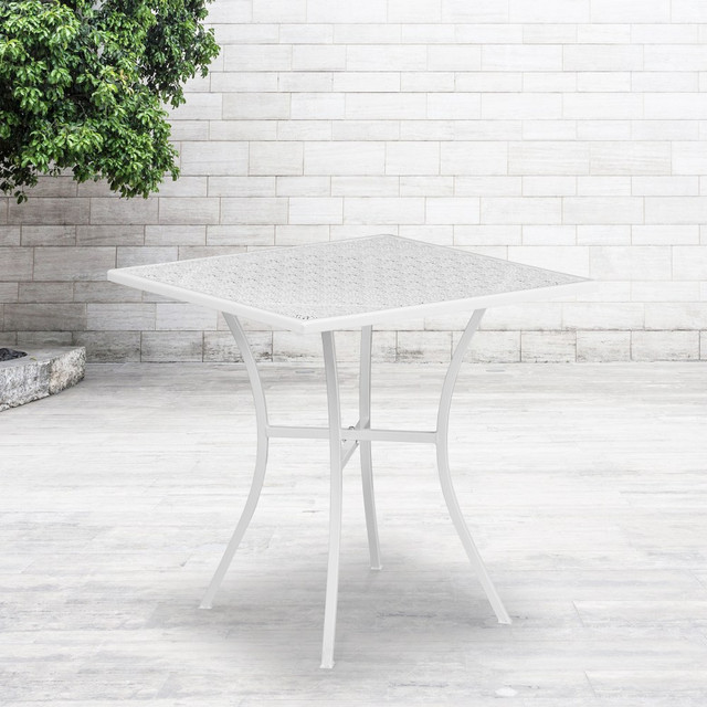 FLASH FURNITURE CO5WH Oia Commercial Grade Square Outdoor Steel Patio Table, 28-1/4inH x 28inW x 28inD, White FLASH FURNITURE CO5WH Oia Commercial Grade Square Outdoor Steel Patio Table, 28-1/4inH x 28inW x 28inD, White