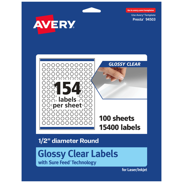 AVERY PRODUCTS CORPORATION 94503-CGF100 Avery Glossy Permanent Labels With Sure Feed, 94503-CGF100, Round, 1/2in Diameter, Clear, Pack Of 15,400 AVERY PRODUCTS CORPORATION 94503-CGF100 Avery Glossy Permanent Labels With Sure Feed, 94503-CGF100, Round, 1/2in Diameter, Clear, Pack Of 15,400