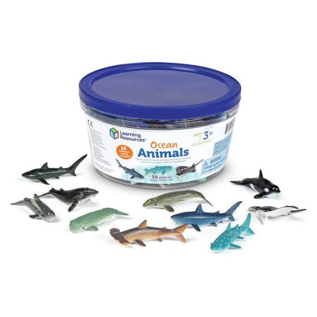 Explore the fascinating world of undersea creatures with this set of Ocean Creatures, featuring 50 painted animal counters. From whales and sharks to manta rays, this set includes 10 different ocean animals perfect for imaginative play and skill-building activities. In addition to pretend play, the Ocean Creatures can be used for counting, sorting, matching, and more, with a convenient reusable storage tub for easy clean-up.  Explore the world of undersea creatures with this fun, fascinating ocean animal set!  Discover 10 different ocean animals, from sharks to whales to the manta ray!  Boost your counting, sorting, and matching skills as you go on imaginative learning adventures!  Store your ocean animals in their reusable plastic storage tub!  Ages 3+