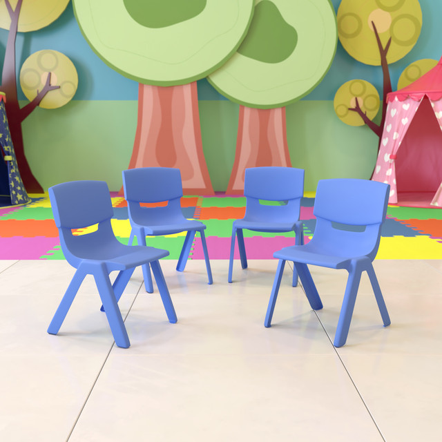 FLASH FURNITURE 4YUYCX4003BLUE Plastic Stackable School Chairs With 10-1/2in Seat Height, Blue, Set Of 4 Chairs FLASH FURNITURE 4YUYCX4003BLUE Plastic Stackable School Chairs With 10-1/2in Seat Height, Blue, Set Of 4 Chairs