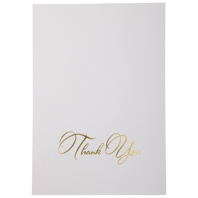 With these JAM Paper Thank You Card Sets, you will be able to express your appreciation for gifts and more. The sets come with thank you cards with blank space on the inside and coordinating envelopes.  Features the words "Thank You" on the front.  Blank on the inside for personalization.  Includes envelopes for easy mailing.  Comes with 25 White cards with Gold Script and 25 White envelopes.