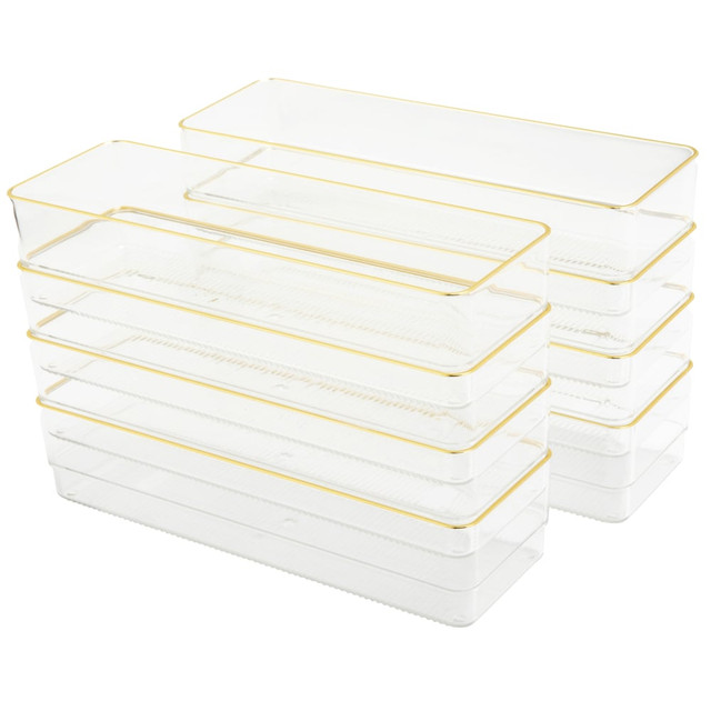 FLASH FURNITURE BEPB9050G8CGD Martha Stewart Kerry Plastic Stackable Office Desk Drawer Organizers, 2inH x 3inW x 9inD, Clear/Gold Trim, Pack Of 8 Organizers