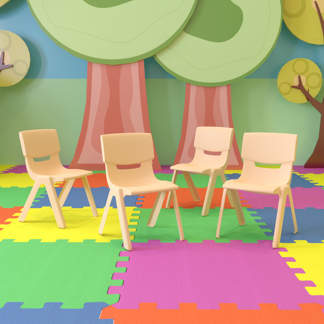 FLASH FURNITURE 4YUYCX4001NAT  Plastic Stackable School Chairs With 12ft" Seat Height, Natural, Set Of 4 Chairs