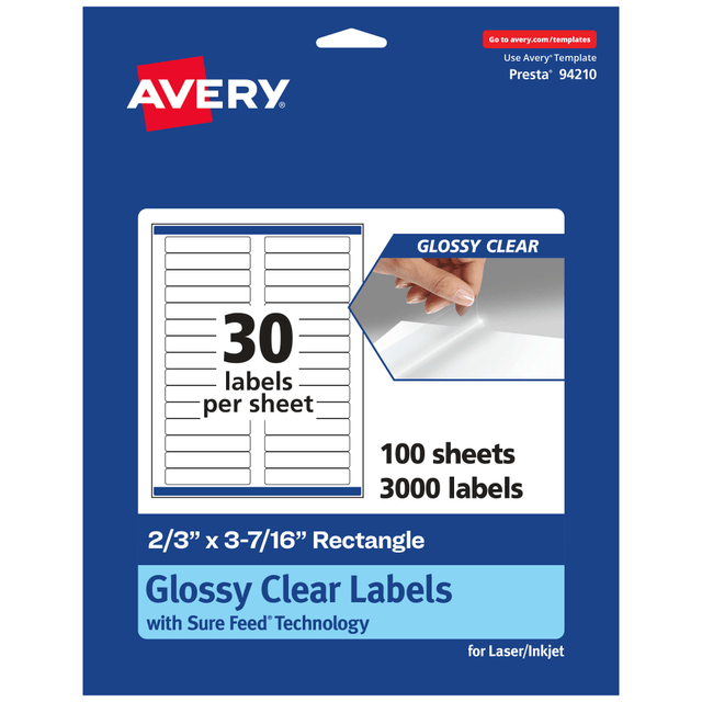 AVERY PRODUCTS CORPORATION 94210-CGF100 Avery Glossy Permanent Labels With Sure Feed, 94210-CGF100, Rectangle, 2/3in x 3-7/16in, Clear, Pack Of 3,000 AVERY PRODUCTS CORPORATION 94210-CGF100 Avery Glossy Permanent Labels With Sure Feed, 94210-CGF100, Rectangle, 2/3in x 3-7/16in, Clear, Pack Of 3,000