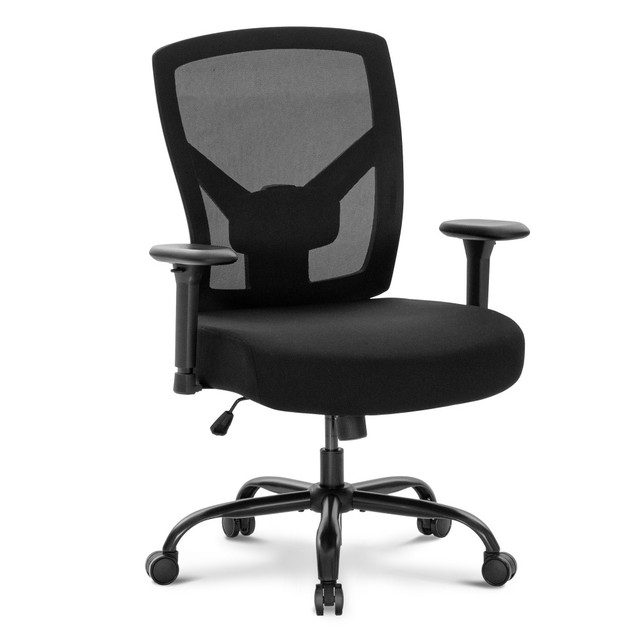 Choose this ergonomic office chair and create a comfortable work environment. The mesh chair helps keep you cool by providing a breathable backrest. The big and tall chair swivels, rocks and rolls, helping you move it as needed.  Recommended for performance use 6-8 hours per day.  Ergonomic design allows for comfort throughout the day.  Adjustable lumbar support.  S-shaped backrest with high-tensity, upgraded mesh fabric and super large seat cushions.  Flexible, 3D padded armrests are height-adjustable.  Rocking system lets you rock backwards or forwards up to 120 deg.. Chair also swivels.  5-star base with casters.  Weight capacity tested to support 500 lb.  Overall dimensions: 43-1/4inH x 23-5/8inW x 28-13/16inD.  Assembly required.  Backed by the manufacturers 1-year limited warranty.