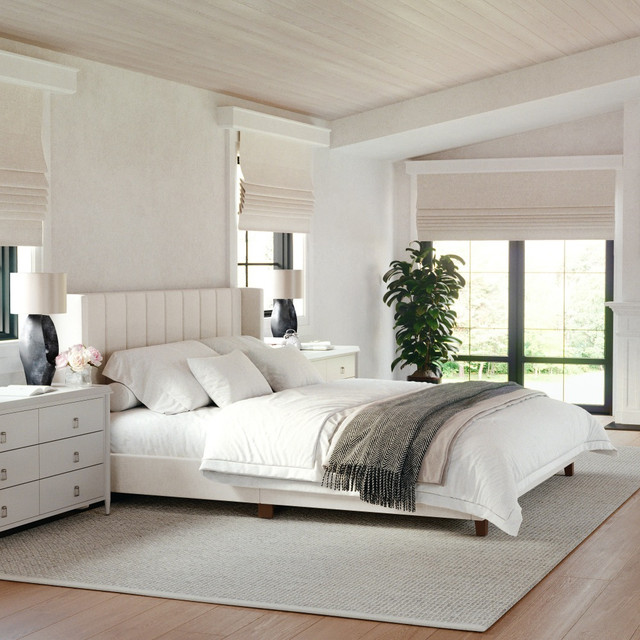 FLASH FURNITURE TW3WDB03KBG Martha Stewart Kay Upholstered Platform Bed with Channel Stitched Wingback Headboard and Cushioned Siderails, Wood Slat Foundation, No Box Spring Needed, Beige Fabric/Walnut Legs, King