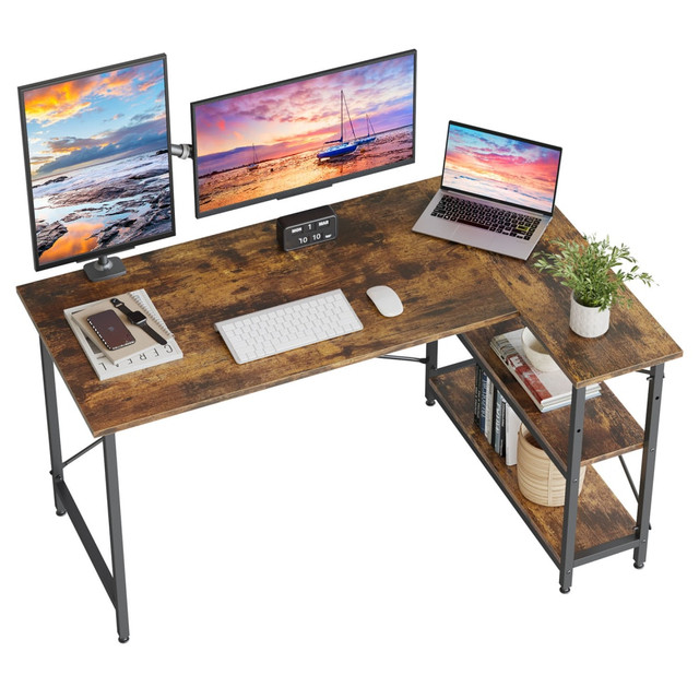 BESTIER D244X-RST L-Shaped Corner Desk With Storage Shelf, 56inW, Rustic Brown BESTIER D244X-RST L-Shaped Corner Desk With Storage Shelf, 56inW, Rustic Brown
