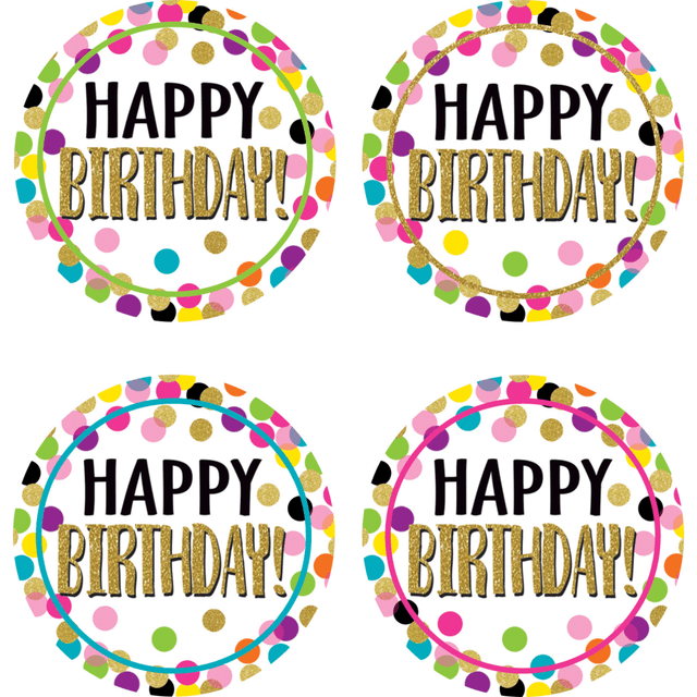 EDUCATORS RESOURCE TCR5598-6 Teacher Created Resources Wear "Em Badges, Confetti Happy Birthday, 32 Per Pack, Set Of 6 Packs