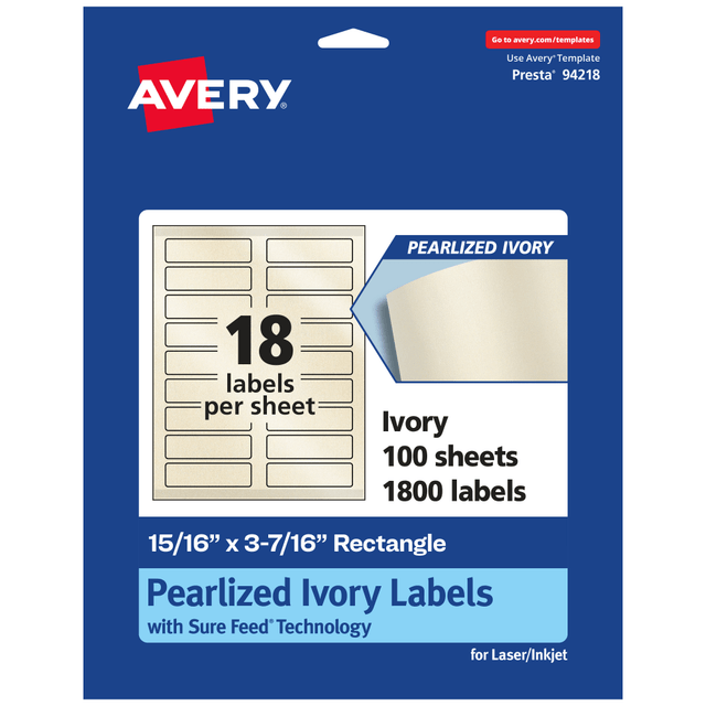 AVERY PRODUCTS CORPORATION 94218-PIP100 Avery Pearlized Permanent Labels With Sure Feed, 94218-PIP100, Rectangle, 15/16in x 3-7/16in, Ivory, Pack Of 1,800 Labels