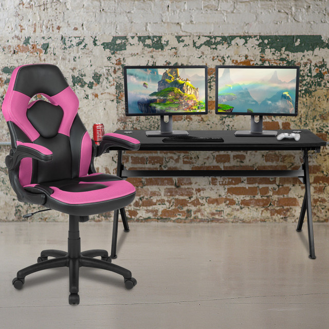 FLASH FURNITURE BLNX10D1904LPK  Gaming Desk And Racing Chair Set With Cup Holder, Headphone Hook & Removable Mouse Pad Top, Pink