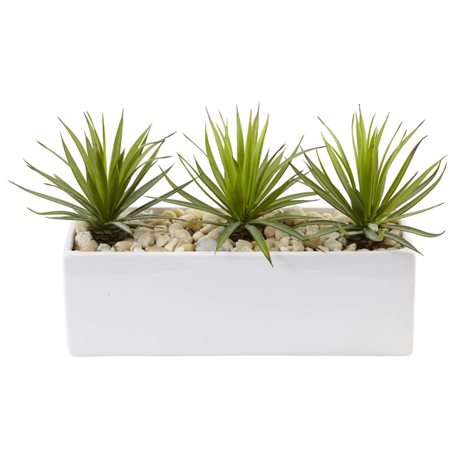 NEARLY NATURAL INC. 6974 Nearly Natural 8inH Mini Agave Artificial Plant With Rectangular Ceramic Planter, 8inH x 14-1/2inW x 7inD, White/Green NEARLY NATURAL INC. 6974 Nearly Natural 8inH Mini Agave Artificial Plant With Rectangular Ceramic Planter, 8inH x 14-1/2inW x 7inD, White/Green
