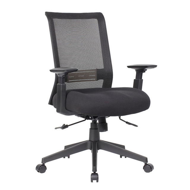 Maximize your comfort while working with a Boss Office Products Ergonomic Mesh High-Back Task Chair. The adjustable task chair allows you to customize lumbar support and seat height to find your ideal working position. Hooded dual wheel casters make it simple to glide around the office.  Ergonomic task chair provides comfort throughout the day.  Recommended for professional use 8-10 hours per day.  Weight capacity tested to support 275 lb.  Overall Dimensions: 42inH x 26-1/2inW x 26-1/2inD.  Liner mesh back for optimal airflow.  Features a plush tractor seat with comfortable foam padding.  Pneumatic seat height adjustment.  Provides tailored support with adjustable lumbar.  Enjoy seamless reclining with the synchro-tilt mechanism.  Adjustable T-arms help reduce shoulder strain.  Sturdy nylon base with hooded dual wheel casters for smooth mobility.  Assembly required.  Backed by the manufacturers 6-year limited warranty.