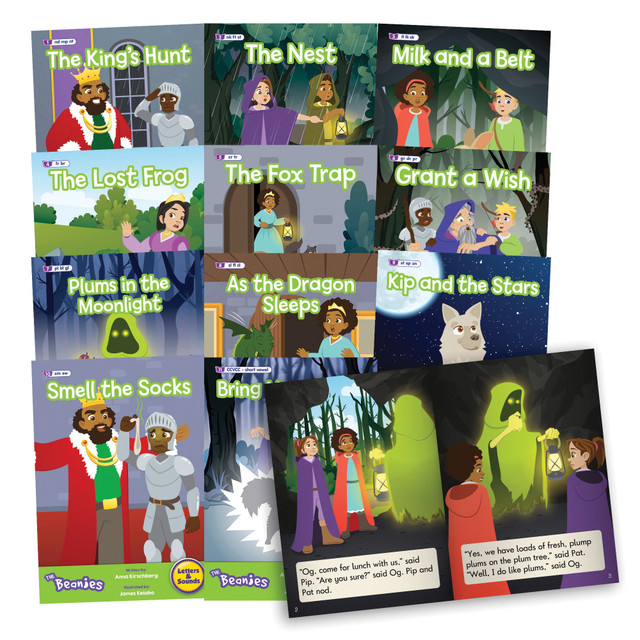 Help struggling readers with the Beanstalk Books The Beanies Hi-Lo Diversity Decodables Phase 4 Books. These books introduces letter and sound blending in a week-by-week structured manner, allowing students to learn and master the phonics code.  Phase 4 introduces letter and sound blending in a structured manner.  Follows the week-by-week progression of the Letters & Sounds program.  Each story is written so that students only encounter what they have already learned.  Helps readers master the phonics code.  Compatible with most other reading levels.  Includes 12 books at the Phase 4 level.