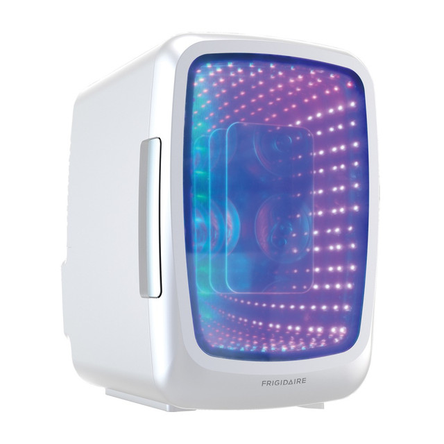 Round out your game room with the Frigidaire 0.14 Cu. Ft. 6-Can Retro Gaming Light-Up Portable Beverage Mini Fridge. It stores up to 6 cans at once and boasts a top carry handle for easy portability.  Holds up to 6 cans or 4 L with integrated shelf.  Thermoelectric cooling system is quiet and safe from vibration.  Fully insulated. Cools 28 deg.F to 30 deg.F below ambient room temperature depending on surroundings.  Large see-through fridge door reveals LED lighting inside.  Heavy-duty locking latch and door hinge.  Portable design with top handle.  Powered by 110-volt AC wall outlet or vehicles 12-volt battery.  AC power rating of 50W.  DC power rating of 3.3 amps/40W.  Includes a home outlet and 12-volt power cords.  Backed by the manufacturer"s 90-day limited warranty.