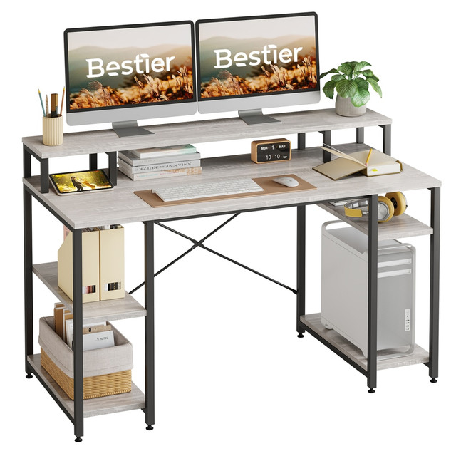 BESTIER D074G-WHTW 56inW Student Desk With Monitor Stand & Storage Shelf, Gray BESTIER D074G-WHTW 56inW Student Desk With Monitor Stand & Storage Shelf, Gray