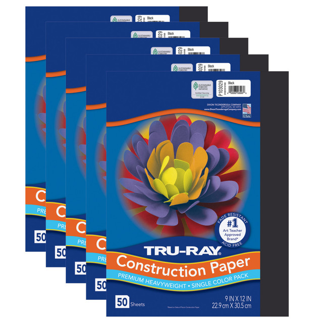 EDUCATORS RESOURCE PAC103029-5 Tru-Ray Construction Paper, Heavyweight, 9in x 12in, Black, 50 Sheets Per Pack, Set Of 5 Packs EDUCATORS RESOURCE PAC103029-5 Tru-Ray Construction Paper, Heavyweight, 9in x 12in, Black, 50 Sheets Per Pack, Set Of 5 Packs