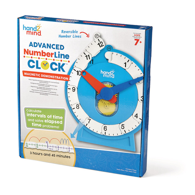 Hand2Mind Advanced NumberLine Clock helps children calculate intervals of time and solve elapsed time problems using a clock frame and two detachable number line chains for AM and PM. By unfolding and snapping the chains together, kids can build a number line from a clock, learning to tell time and understand hour and minute relationships. The set includes a clock and activity guide for hands-on learning.  Helps kids solve elapsed time problems and calculate intervals  Includes 1 clock frame and 2 detachable number line chains (AM and PM)  Gears maintain correct hour and minute relationships  Learn to tell time using 3 styles of analog clocks  Build a 24-hour number line with color-coding for AM and PM  A must-have tool for teaching time in the classroom  Designed for independent and guided learning