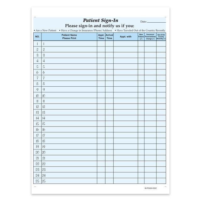 TAYLOR CORP W-PSGN-OOC250 HIPAA Compliant Patient/Visitor Privacy 2-Part Sign-In Sheets, With Out-Of-Country Box, 8-1/2in x 11in, Blue, Pack Of 250 Sheets TAYLOR CORP W-PSGN-OOC250 HIPAA Compliant Patient/Visitor Privacy 2-Part Sign-In Sheets, With Out-Of-Country Box, 8-1/2in x 11in, Blue, Pack Of 250 Sheets