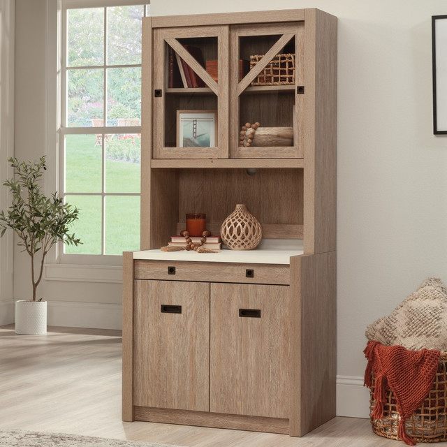 SAUDER WOODWORKING CO. 443701 Sauder Dixon City 72inH Contemporary Country Storage Workstation With Glass Door Hutch, Brushed Oak/Pebble White