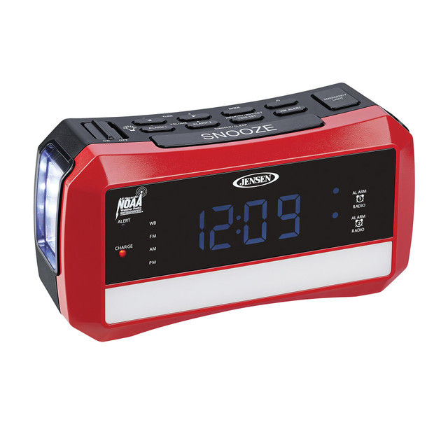 Make sure you are prepared during your travels with help from this Jensen radio. The weather radio offers LED lights and receives emergency broadcasts to help you stay informed. The built-in flashlight lets you find your way should the power go out.  Receives instant 24-hour weather, marine forecast and weather alert information broadcasts by NOAA on all 7 weather band frequencies.  Offers alarm sounds and light-up, flashing LED warning indicator lights to let you know when an emergency broadcast is received.  AM/FM digital tuner to find popular stations. Allows up to 20 AM and 20 FM presets to save favorite stations.  Front-mounted emergency light will turn on automatically during power failure. Side features a built-in flashlight to help you see in the dark.  Multifunction, black/negative LCD with blue digits for easy low-light viewing.  Dual alarm clock features snooze and sleep timers and allows you to wake up to the alarm or the radio.  Portable radio features a rechargeable Li-Ion battery and can operate on 3 AA batteries (not included). Clock can operate on a CR2025 battery (not included) as a battery backup option.  Backed by the manufacturers 90-day limited warranty.  Red to make it easier to find.