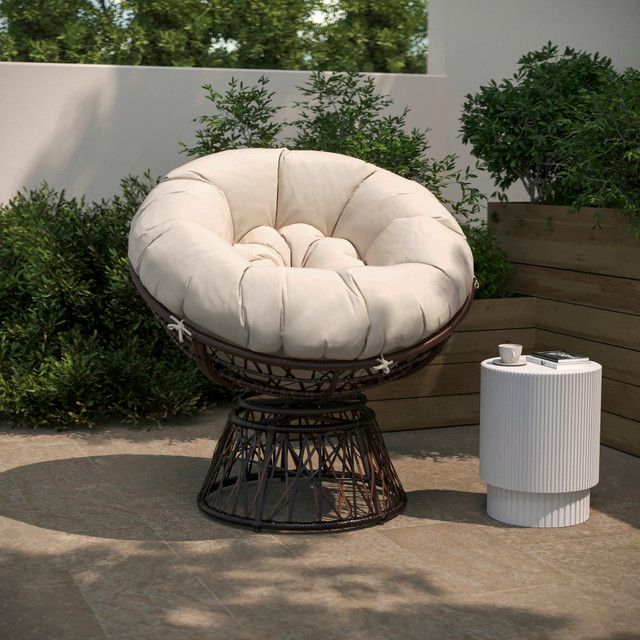 FLASH FURNITURE JE5101WBG Bowie Comfort Series Swivel Patio Chair With Cushion, Beige/Brown FLASH FURNITURE JE5101WBG Bowie Comfort Series Swivel Patio Chair With Cushion, Beige/Brown