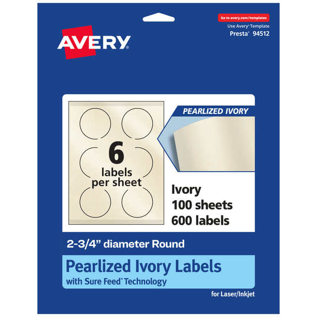 AVERY PRODUCTS CORPORATION 94512-PIP100 Avery Pearlized Permanent Labels With Sure Feed, 94512-PIP100, Round, 2-3/4in Diameter, Ivory, Pack Of 600 Labels AVERY PRODUCTS CORPORATION 94512-PIP100 Avery Pearlized Permanent Labels With Sure Feed, 94512-PIP100, Round, 2-3/4in Diameter, Ivory, Pack Of 600 Labels