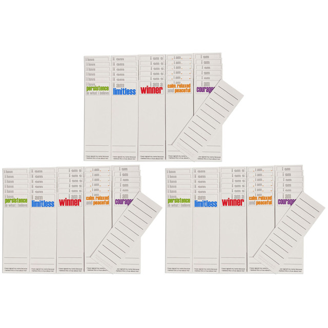 Inspired Minds Page Keepers Bookmarks Sets feature statements intentionally printed simple, yet colorful, to offer an impactful and creative way to help gain encouragement and build character to last a lifetime.  These page keepers not only work as a daily reminder, but can be signed to take ownership of believing in yourself!  Because these are uncoated, with the blank space in the front and lines on the reverse side, there are unlimited uses.  Draw, color, add pictures, list books, friends, story content or favorite characters, record reading time, and the list goes on!  Laminate to use as a keepsake.  Page keepers measure 2in x 6in.  Each set has 6 each of the 5 titles that match all Hopefulness Booster Sets. Sold as 3 sets for a total of 90 page keepers.