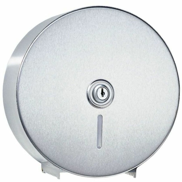 BOBRICK WASHROOM EQUIPMENT, INC. B-2890 Bobrick Single Jumbo-Roll Surface-Mounted Toilet Tissue Dispenser - Roll Dispenser - 1 x Roll - 10.6in Height x 10.6in Width x 4.5in Depth - Stainless Steel, Steel - Satin, Silver - Key Lock, Surface Mount - 1