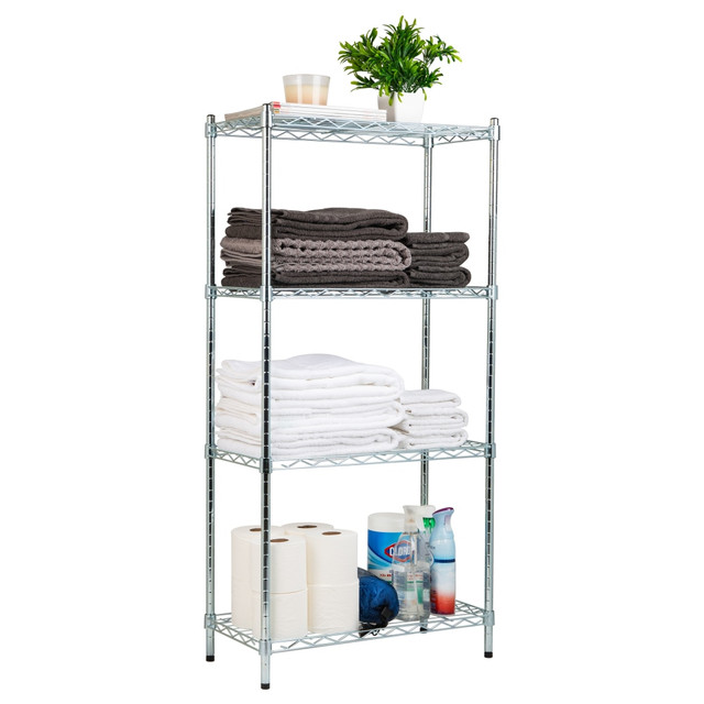 Versatile and Durable Adjustable Storage Shelving: Optimize Your Space This industrial-strength adjustable storage shelving system is a versatile solution to help keep your spaces organized and clutter-free. Perfect for the kitchen, bathroom, garage, and even commercial spaces like restaurants and offices. The shelves are fully adjustable at 1-inch (2.5 cm) increments, allowing for the storage of a wide range of items, from large boxes to dishware.  Heavy-duty steel construction with a sleek chrome finish that resists corrosion, rust and wear.  4 shelves are adjustable in 1in increments to suit large or small items.  Clean with a damp cloth and mild dish soap.  Assembly required.