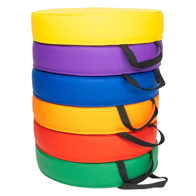 GOLDEN BARREL, INC. BNVSCVRNDX6 Bintiva Color Coded Vinyl Floor Cushions, 15in x 15in x 2in, Round, Assorted, Set Of 6 GOLDEN BARREL, INC. BNVSCVRNDX6 Bintiva Color Coded Vinyl Floor Cushions, 15in x 15in x 2in, Round, Assorted, Set Of 6
